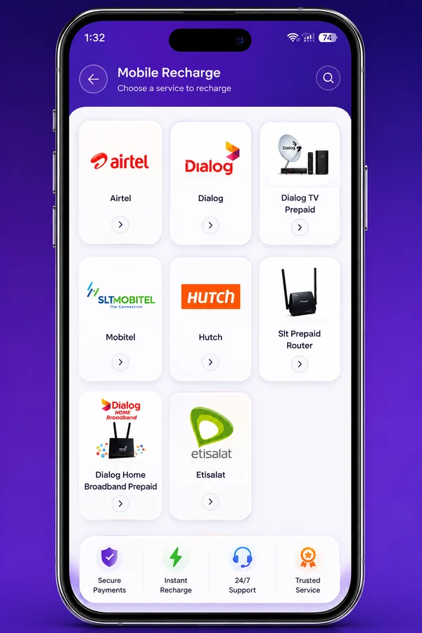 Phonepay Pro app mobile recharge screen listing every Sri Lankan operator